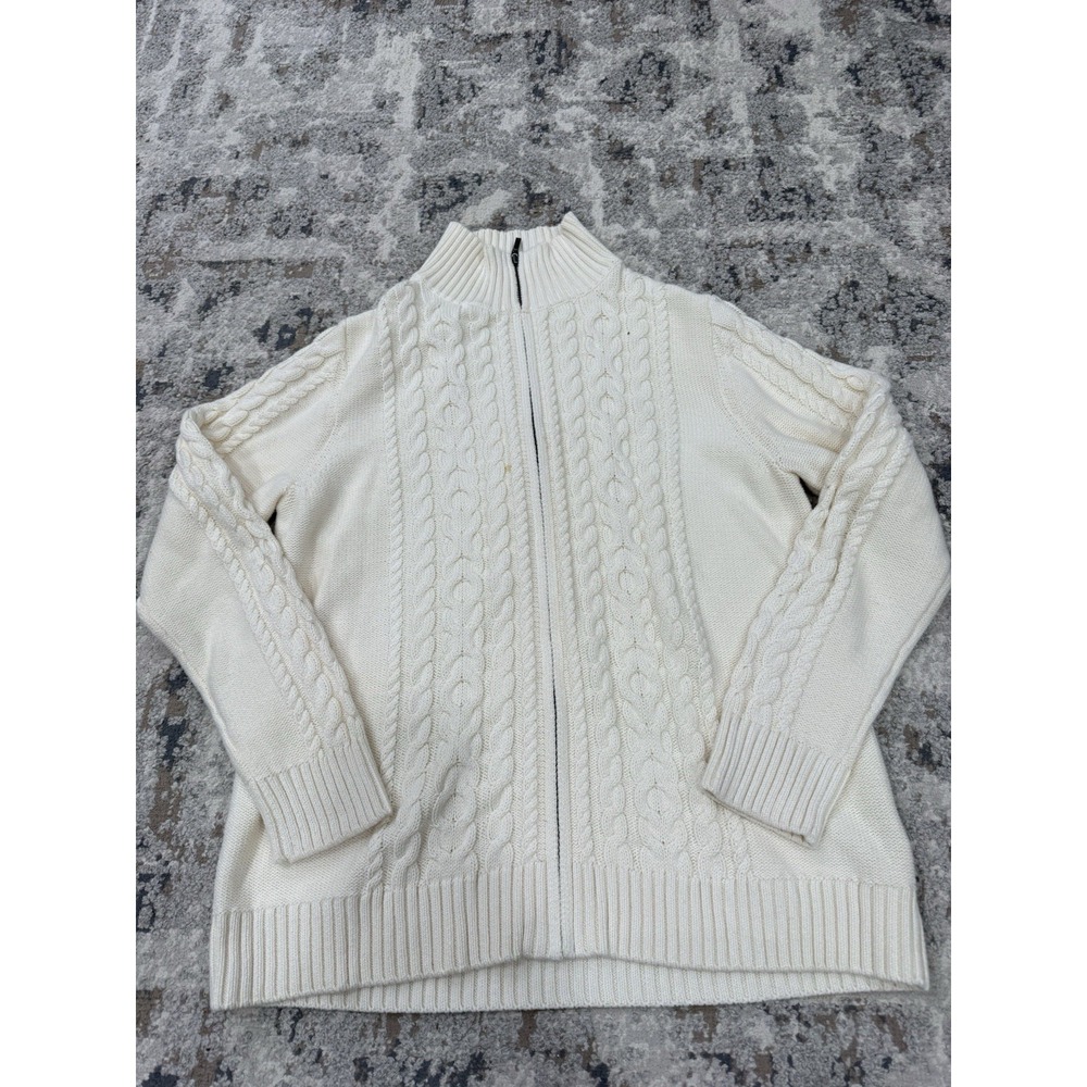 L.L. Bean Womens Full Zip Cable Knit Sweater Sz L Fisherman Mock Neck Cotton
